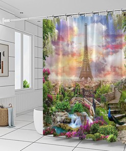 Waterfall Plant Shower Curtain Spring Flower Peacock Floral Eiffel Tower Bathroom Fabric