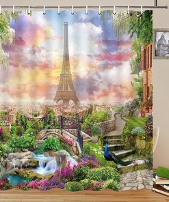 Waterfall Plant Shower Curtain Spring Flower Peacock Floral Eiffel Tower Bathroom Fabric