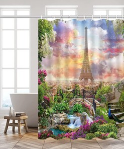 Waterfall Plant Shower Curtain Spring Flower Peacock Floral Eiffel Tower Bathroom Fabric