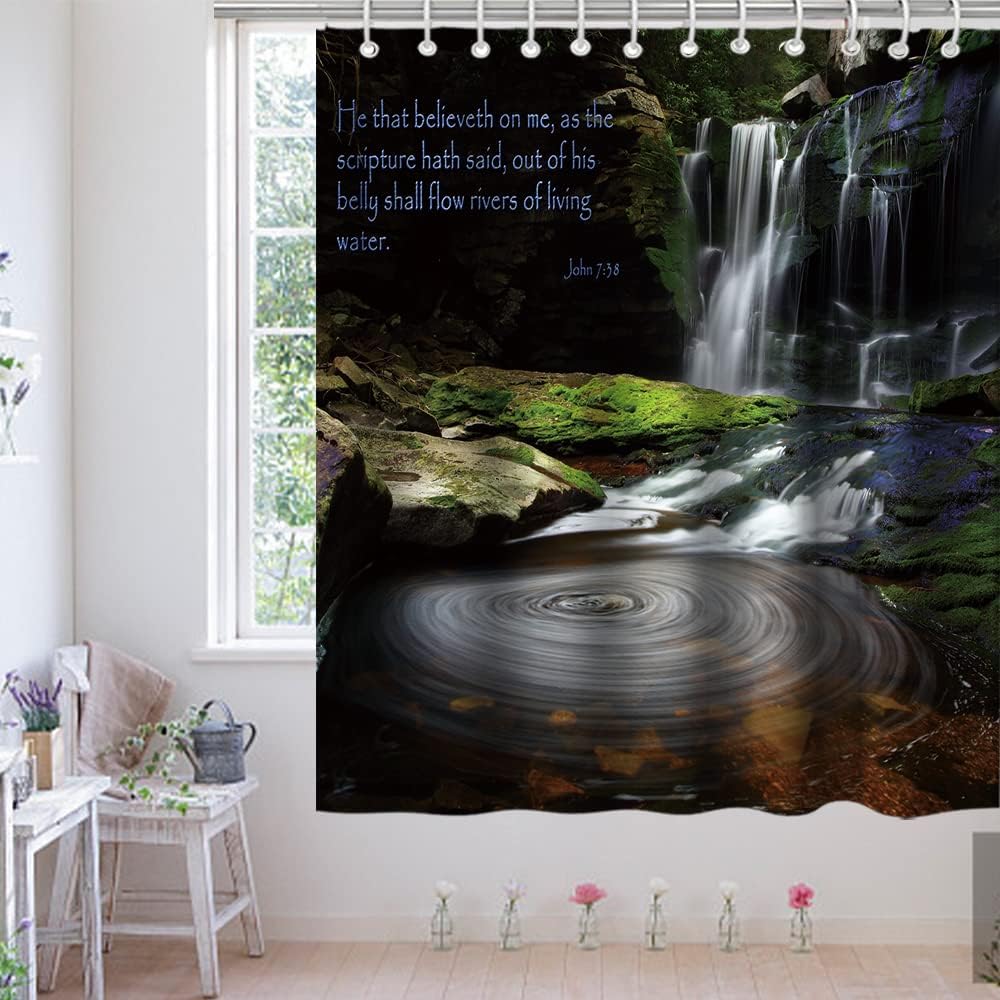Waterfall Quotes Nature Landscape Shower Curtain With Cloth Fabric For Bathroom Decor And Waterproof Washable Technology