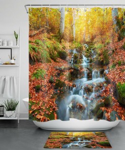 Waterfall Scenery Shower Curtain - Autumn Forest Stream Theme