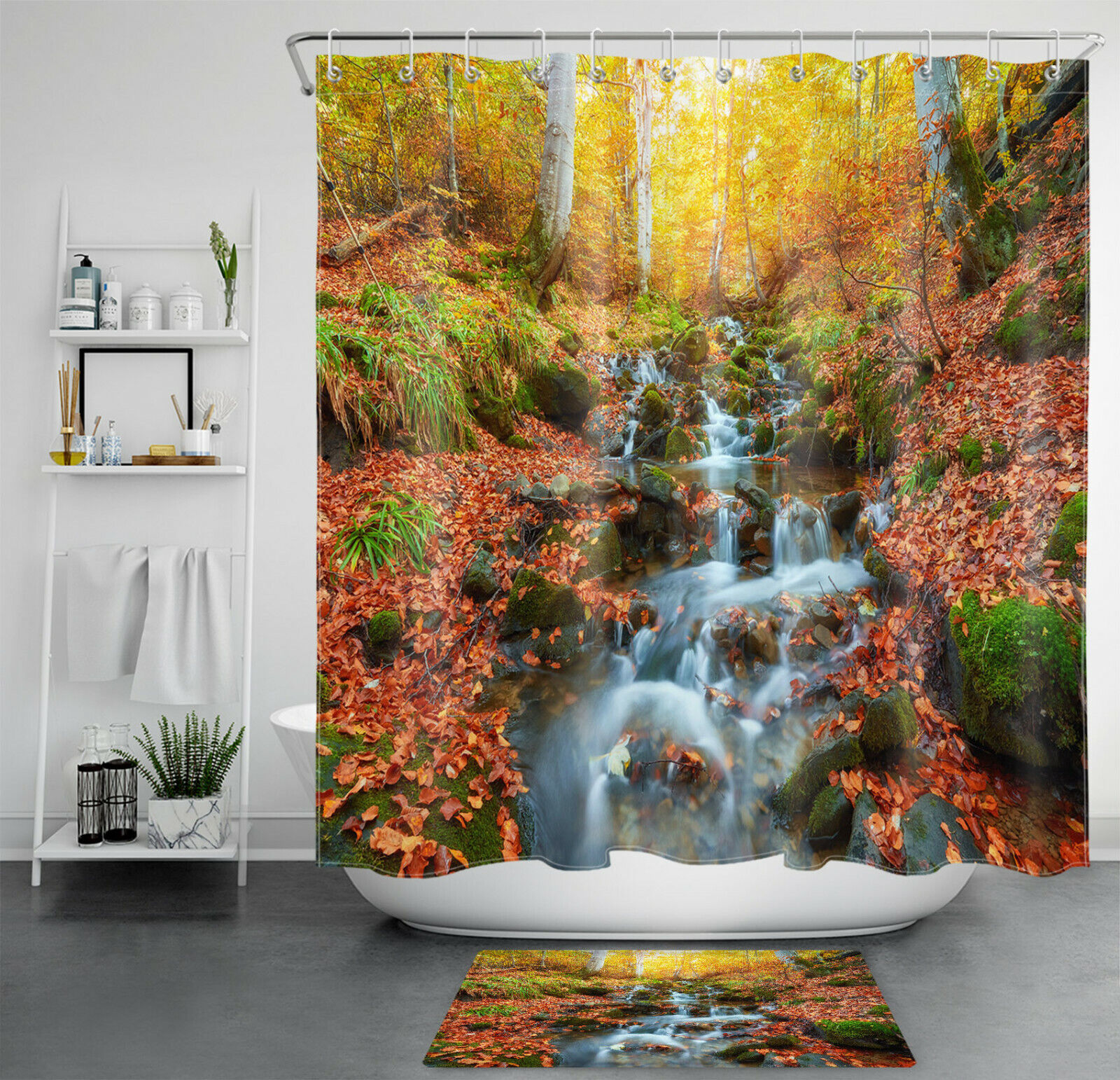 Waterfall Scenery Shower Curtain - Autumn Forest Stream Theme