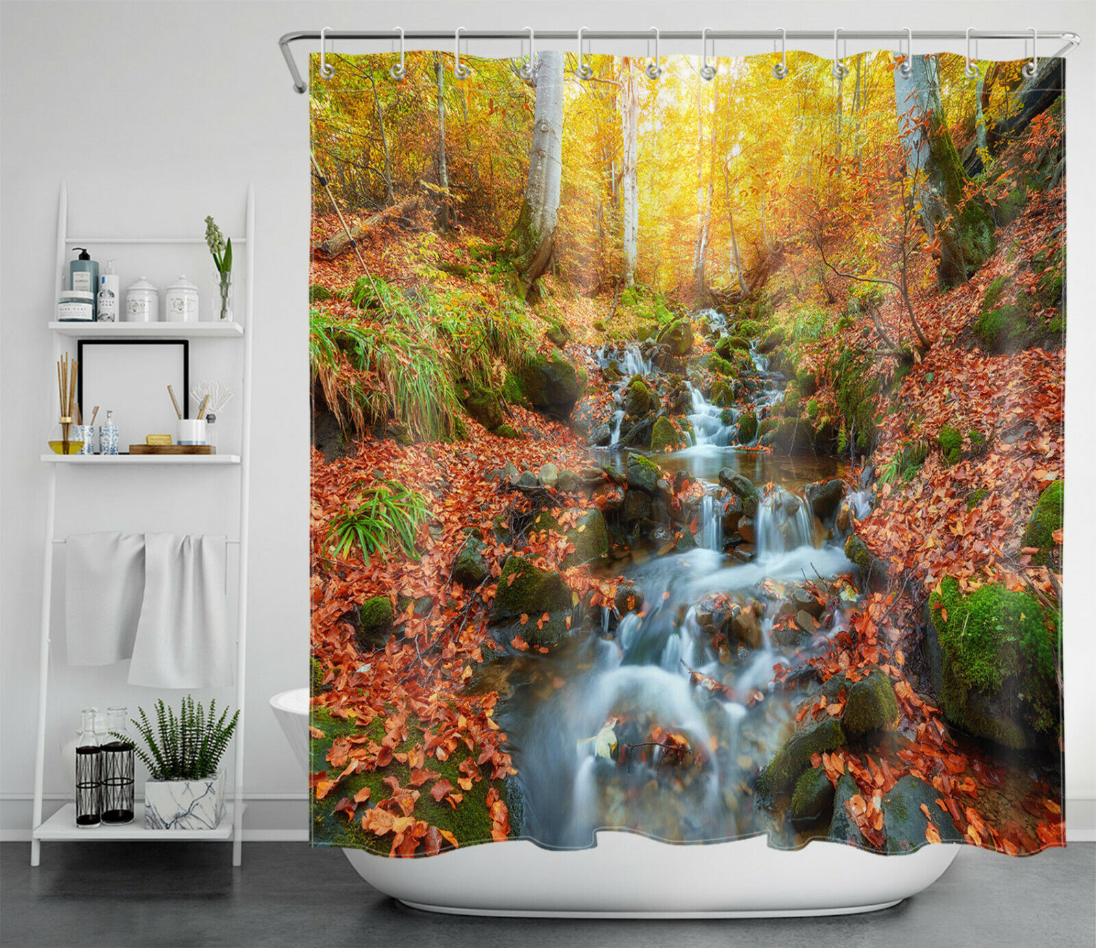 Waterfall Scenery Shower Curtain - Autumn Forest Stream Theme - Image 2