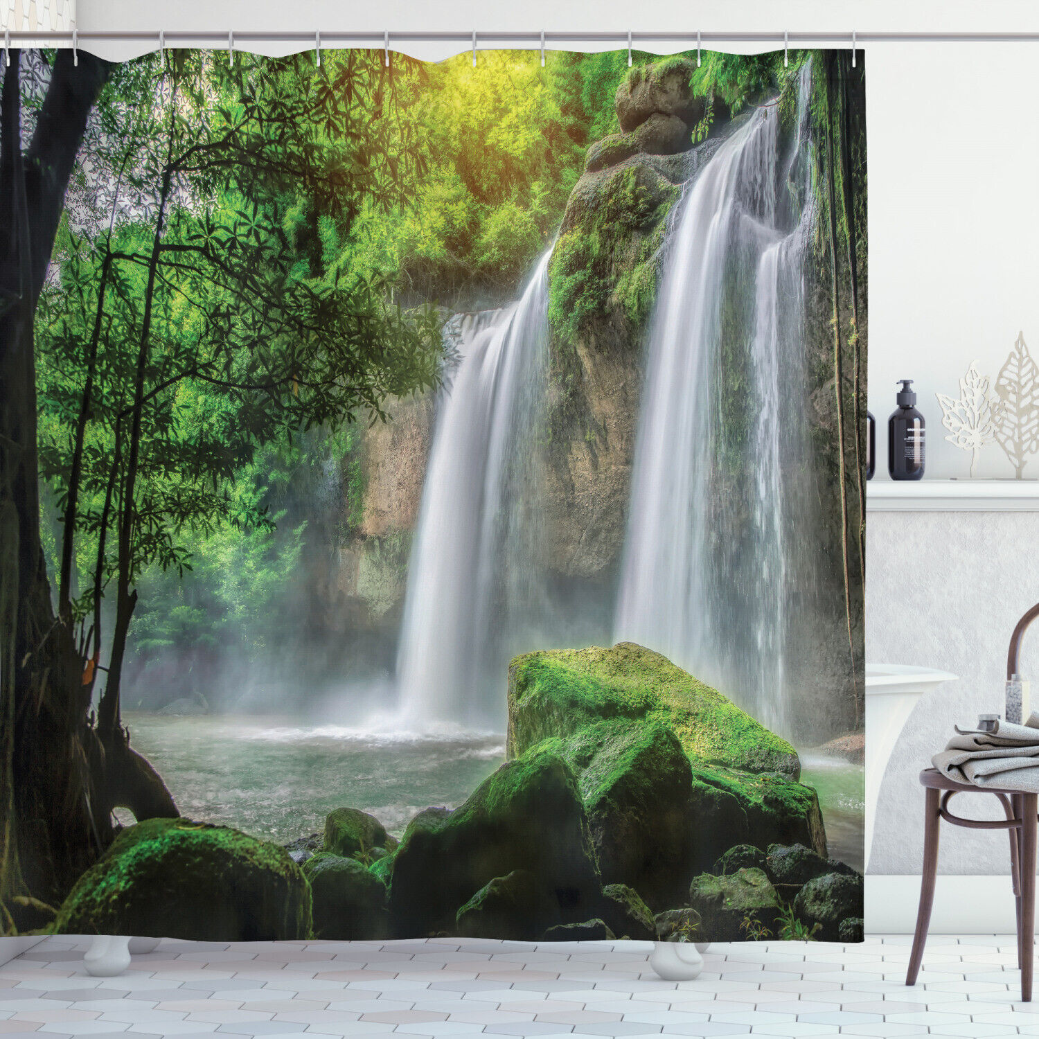 Waterfall Scenery Shower Curtain For Nature Bathroom Decor