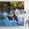 Waterfall Shower Curtain, Alaska Waterfall And Bear Print, Cloth Fabric Bathroom Decor, Blue And Brown