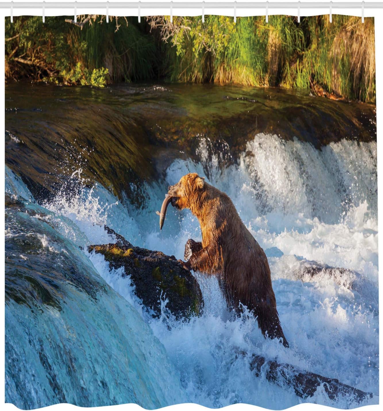 Waterfall Shower Curtain, Alaska Waterfall And Bear Print, Cloth Fabric Bathroom Decor, Blue And Brown - Image 2
