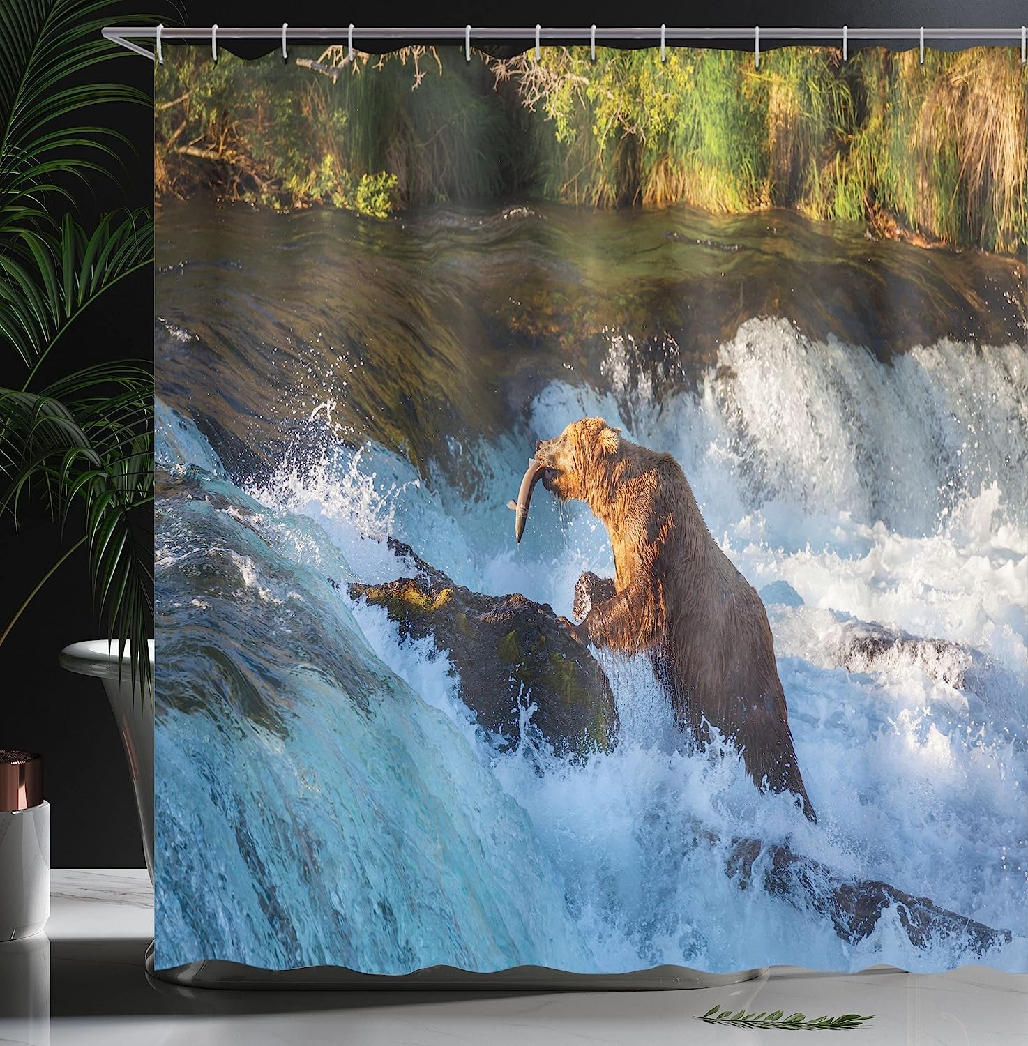 Waterfall Shower Curtain, Alaska Waterfall And Bear Print, Cloth Fabric Bathroom Decor, Blue And Brown - Image 3