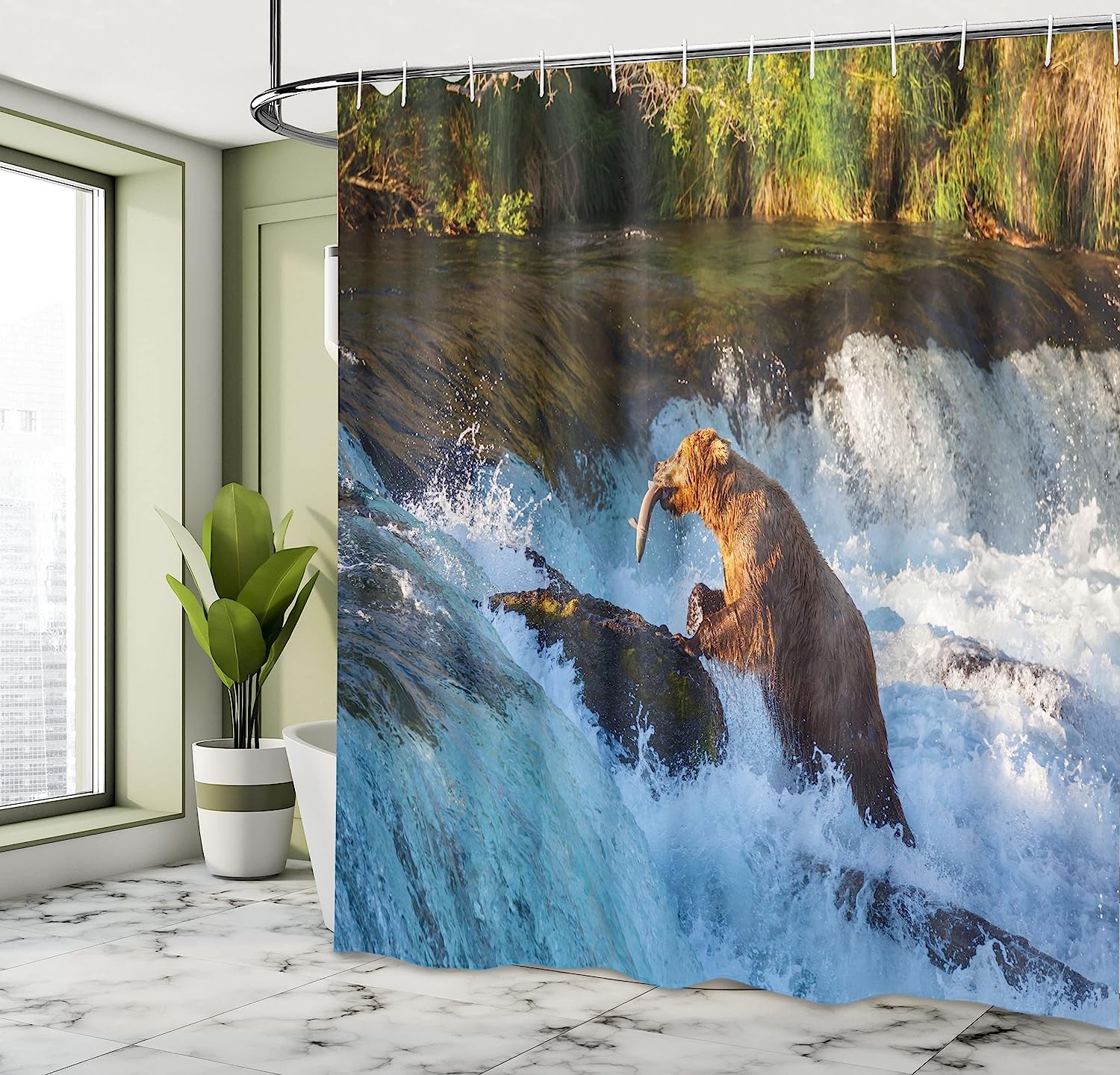 Waterfall Shower Curtain, Alaska Waterfall And Bear Print, Cloth Fabric Bathroom Decor, Blue And Brown - Image 4