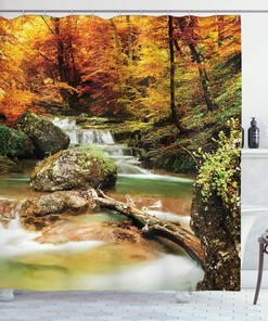 Waterfall Shower Curtain, Autumn Woodland Creekside Print, Cloth Fabric Bathroom Decor, Orange And Brown