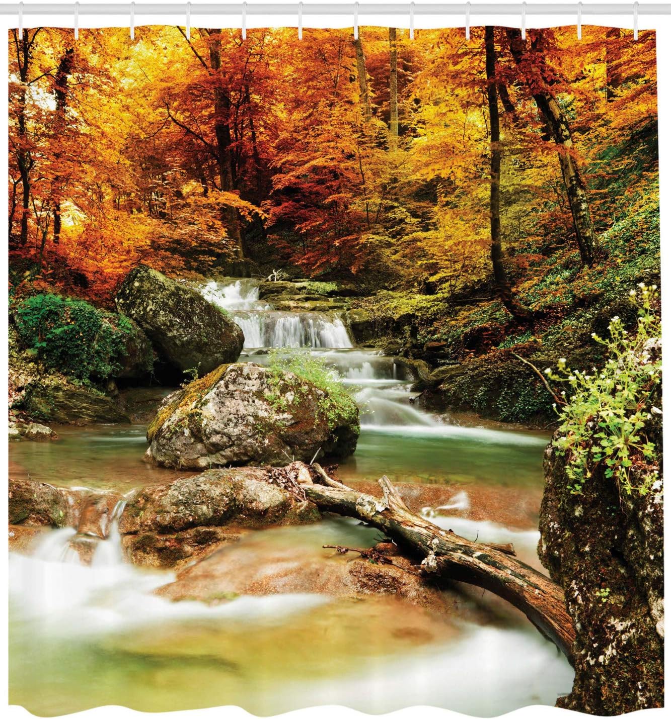 Waterfall Shower Curtain, Autumn Woodland Creekside Print, Cloth Fabric Bathroom Decor, Orange And Brown - Image 2