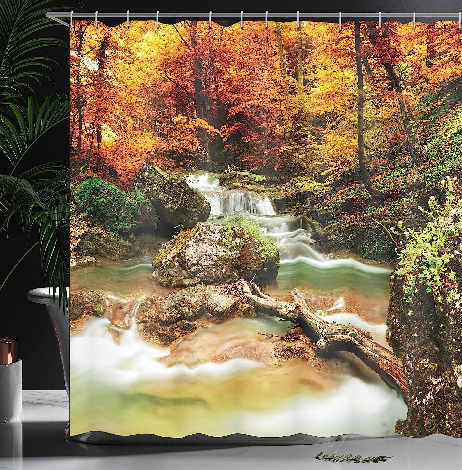 Waterfall Shower Curtain, Autumn Woodland Creekside Print, Cloth Fabric Bathroom Decor, Orange And Brown - Image 3