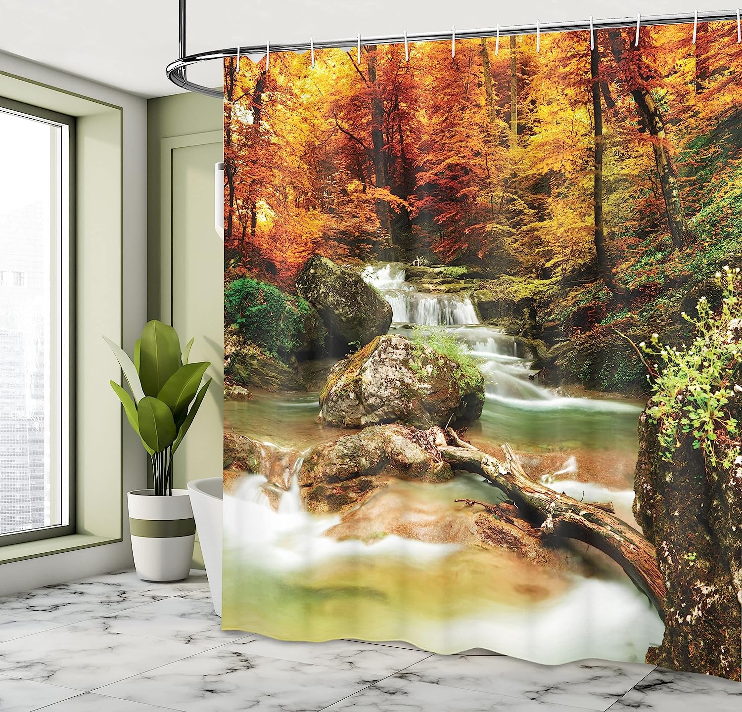 Waterfall Shower Curtain, Autumn Woodland Creekside Print, Cloth Fabric Bathroom Decor, Orange And Brown - Image 4