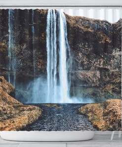 Waterfall Shower Curtain - Black Bathroom Decor With Nature Landscape Design