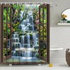 Waterfall Shower Curtain Brown Wooden Window Tropical Rain Forest Jungle Plants for Natural Scenery Bath Decor 