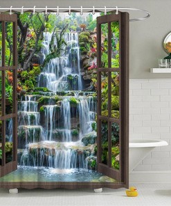 Waterfall Shower Curtain Brown Wooden Window Tropical Rain Forest Jungle Plants for Natural Scenery Bath Decor 