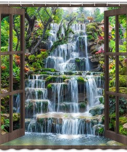 Waterfall Shower Curtain Brown Wooden Window Tropical Rain Forest Jungle Plants for Natural Scenery Bath Decor
