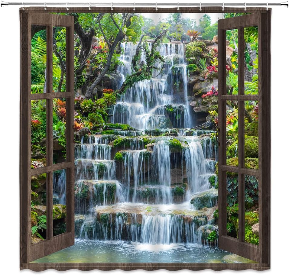Waterfall Shower Curtain Brown Wooden Window Tropical Rain Forest Jungle Plants for Natural Scenery Bath Decor
