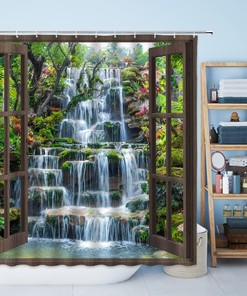 Waterfall Shower Curtain Brown Wooden Window Tropical Rain Forest Jungle Plants for Natural Scenery Bath Decor