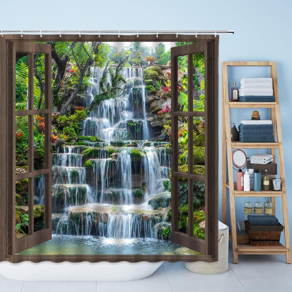 Waterfall Shower Curtain Brown Wooden Window Tropical Rain Forest Jungle Plants for Natural Scenery Bath Decor