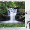 Waterfall Shower Curtain, Dreamy Forest Trees And Flowers Print, Cloth Fabric Bathroom Decor, Green And White