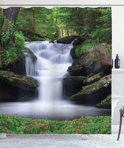 Waterfall Shower Curtain, Dreamy Forest Trees And Flowers Print, Cloth Fabric Bathroom Decor, Green And White