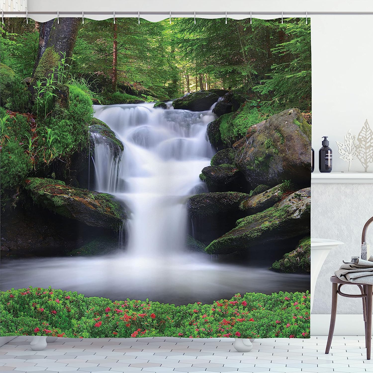 Waterfall Shower Curtain, Dreamy Forest Trees And Flowers Print, Cloth Fabric Bathroom Decor, Green And White