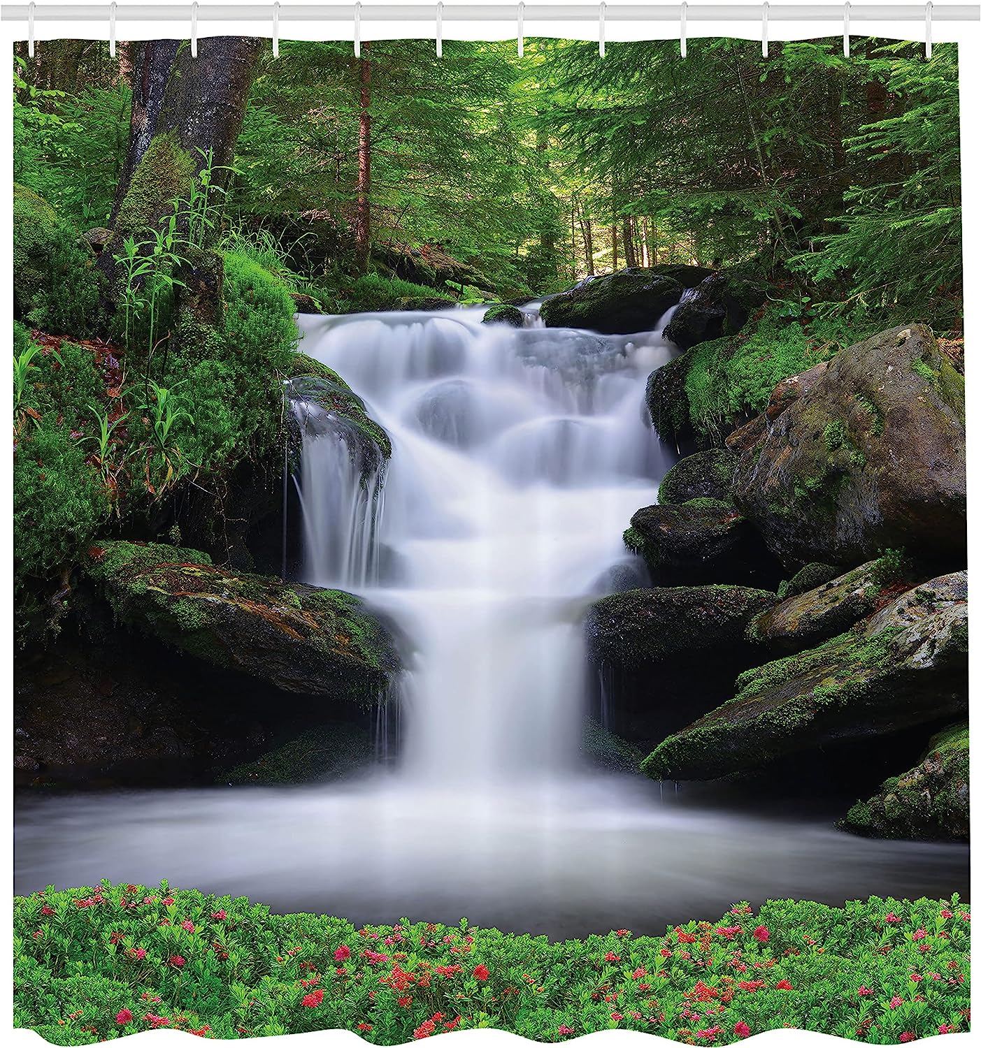 Waterfall Shower Curtain, Dreamy Forest Trees And Flowers Print, Cloth Fabric Bathroom Decor, Green And White - Image 2