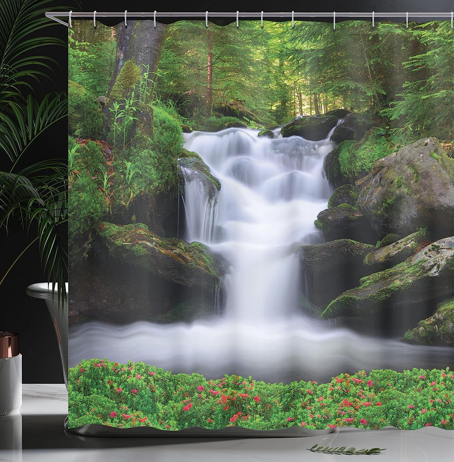 Waterfall Shower Curtain, Dreamy Forest Trees And Flowers Print, Cloth Fabric Bathroom Decor, Green And White - Image 3