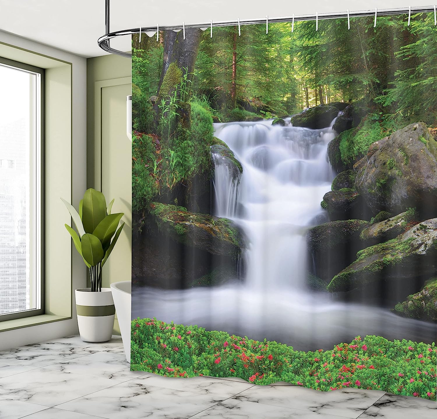 Waterfall Shower Curtain, Dreamy Forest Trees And Flowers Print, Cloth Fabric Bathroom Decor, Green And White - Image 4