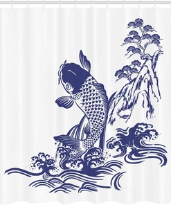 Waterfall Shower Curtain Featuring Kois, Japanese Traditional Ink Painting Style- Fabric Bathroom Dcor 