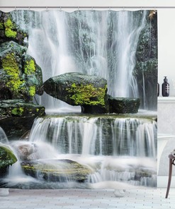 Waterfall Shower Curtain, Mossy Rocks In Majestic River Print, Cloth Fabric Bathroom Decor, Green And White