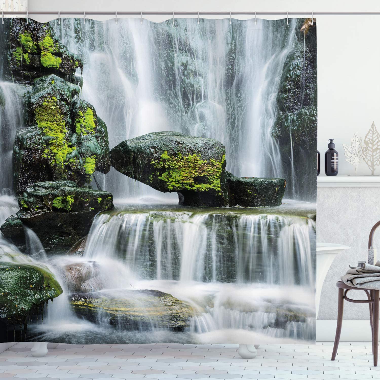 Waterfall Shower Curtain, Mossy Rocks In Majestic River Print, Cloth Fabric Bathroom Decor, Green And White