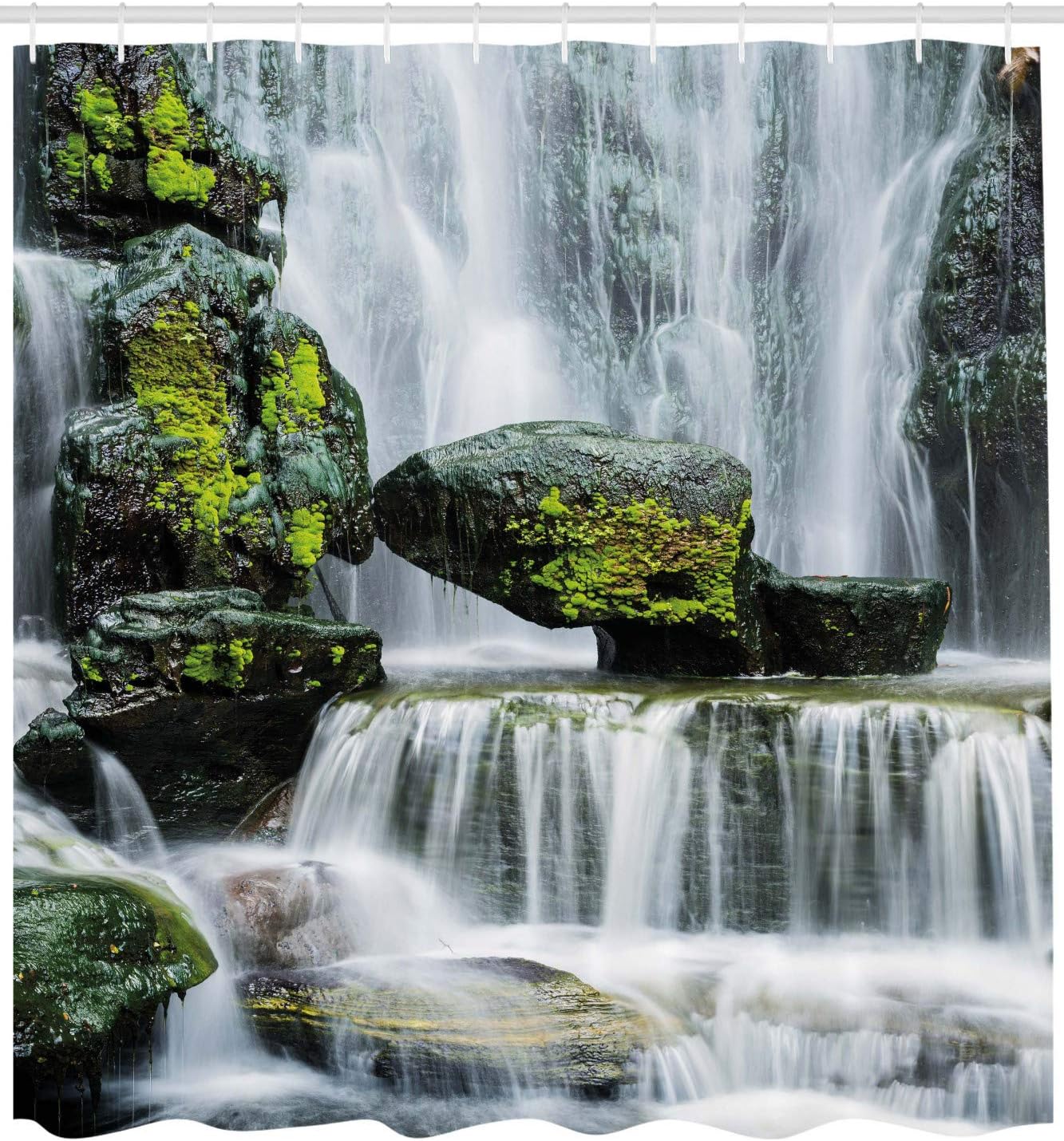 Waterfall Shower Curtain, Mossy Rocks In Majestic River Print, Cloth Fabric Bathroom Decor, Green And White - Image 2