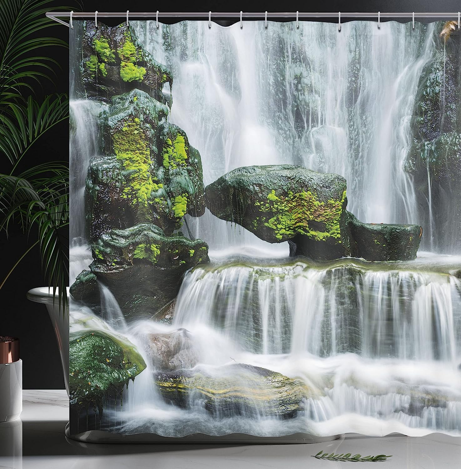 Waterfall Shower Curtain, Mossy Rocks In Majestic River Print, Cloth Fabric Bathroom Decor, Green And White - Image 3