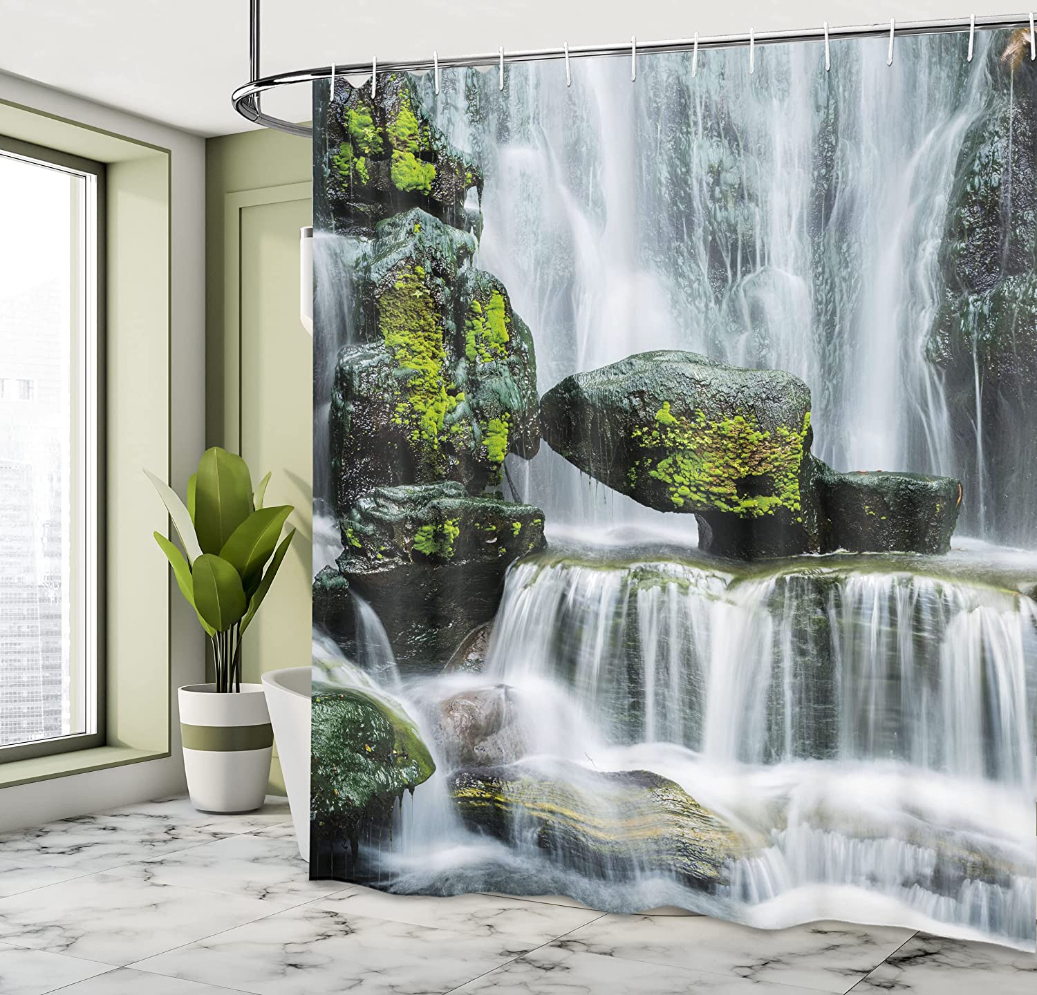 Waterfall Shower Curtain, Mossy Rocks In Majestic River Print, Cloth Fabric Bathroom Decor, Green And White - Image 4