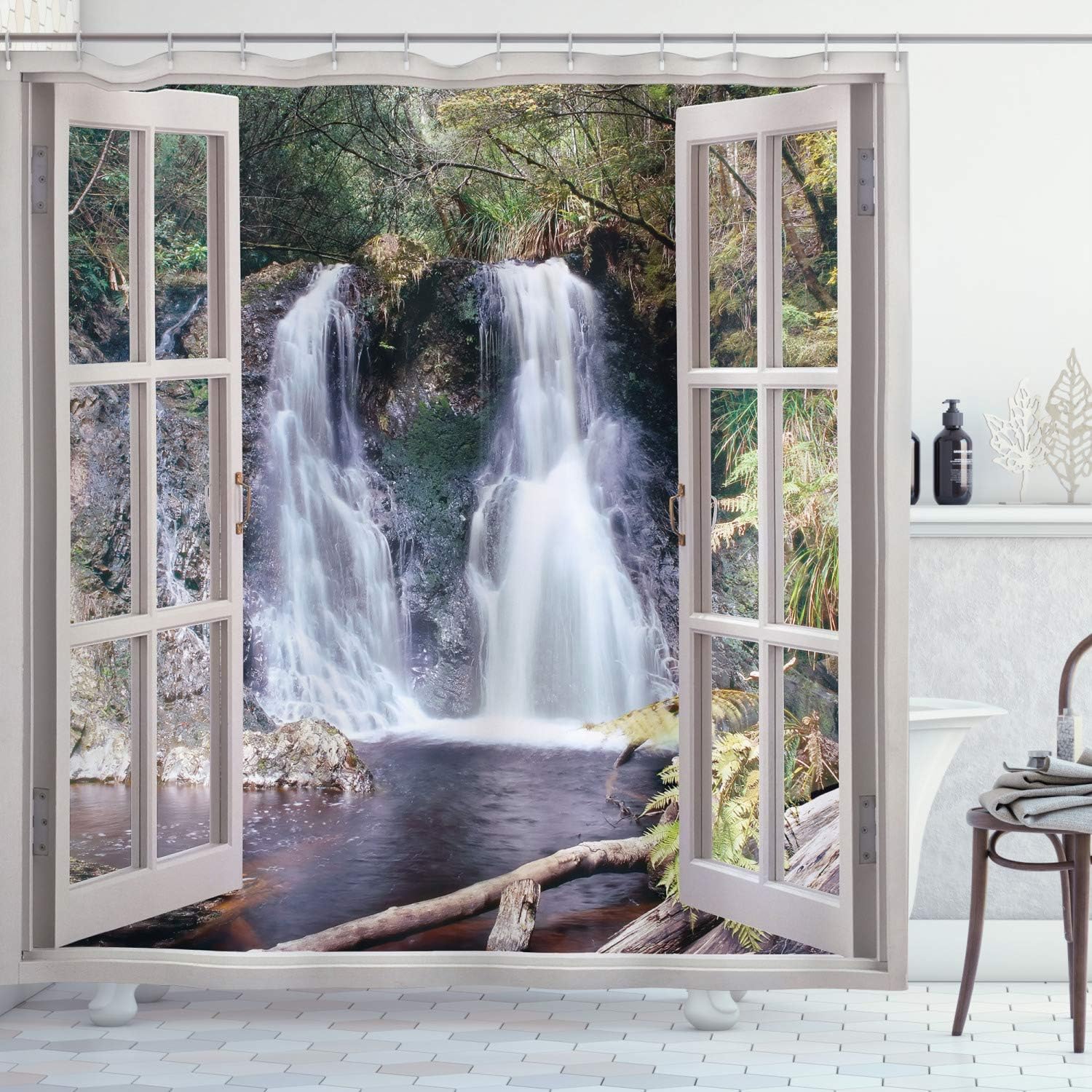 Waterfall Shower Curtain, National Park Panoramic Print, Cloth Fabric Bathroom Decor, Brown And Green