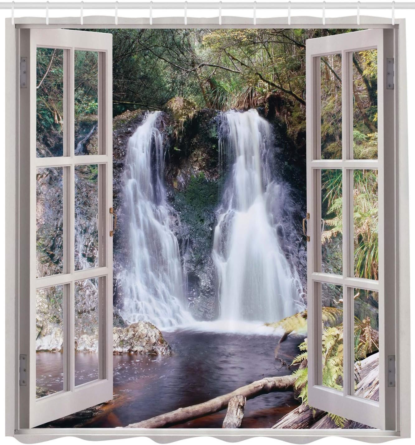 Waterfall Shower Curtain, National Park Panoramic Print, Cloth Fabric Bathroom Decor, Brown And Green - Image 2