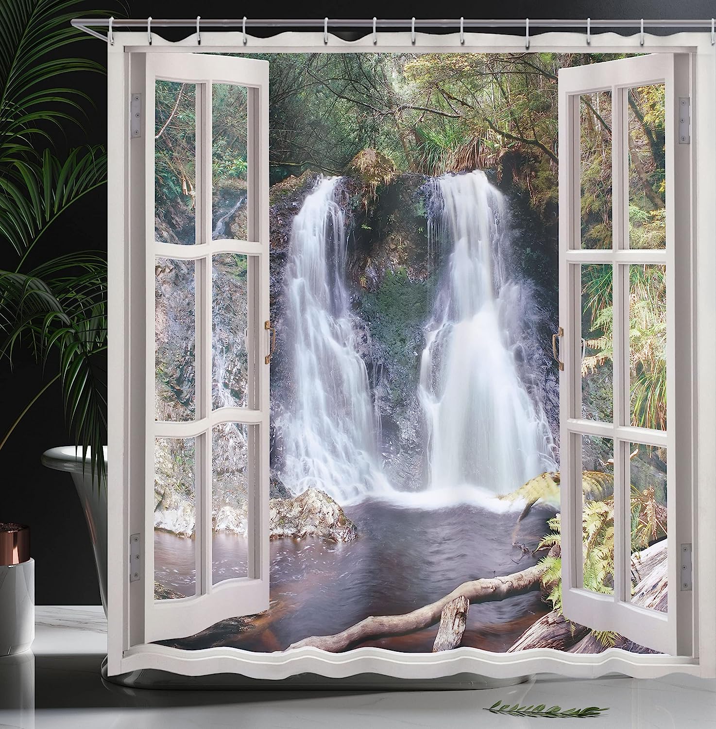 Waterfall Shower Curtain, National Park Panoramic Print, Cloth Fabric Bathroom Decor, Brown And Green - Image 3