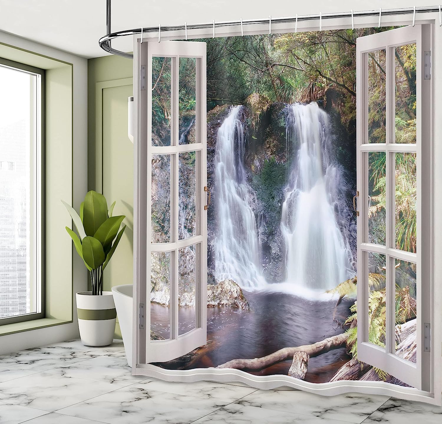 Waterfall Shower Curtain, National Park Panoramic Print, Cloth Fabric Bathroom Decor, Brown And Green - Image 4