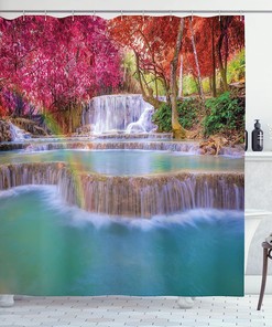Waterfall Shower Curtain, Rainforest In Vietnam With Orange Trees Print, Cloth Fabric Bathroom Decor, Blue