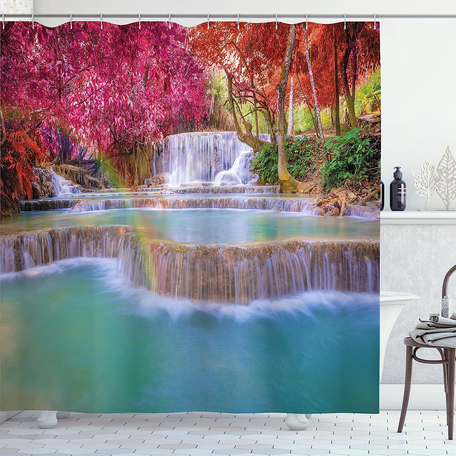 Waterfall Shower Curtain, Rainforest In Vietnam With Orange Trees Print, Cloth Fabric Bathroom Decor, Blue