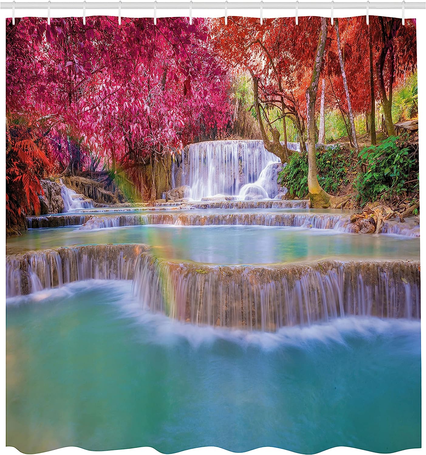Waterfall Shower Curtain, Rainforest In Vietnam With Orange Trees Print, Cloth Fabric Bathroom Decor, Blue - Image 2
