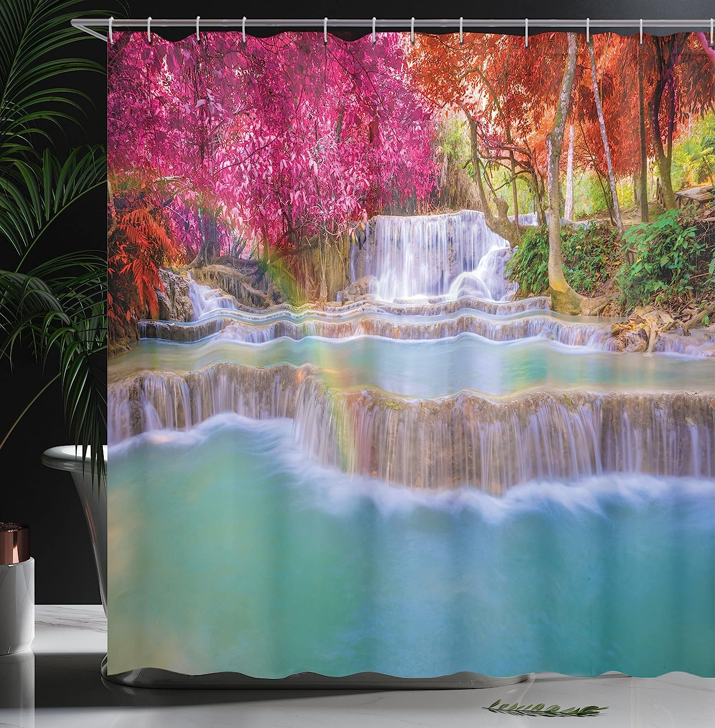 Waterfall Shower Curtain, Rainforest In Vietnam With Orange Trees Print, Cloth Fabric Bathroom Decor, Blue - Image 3