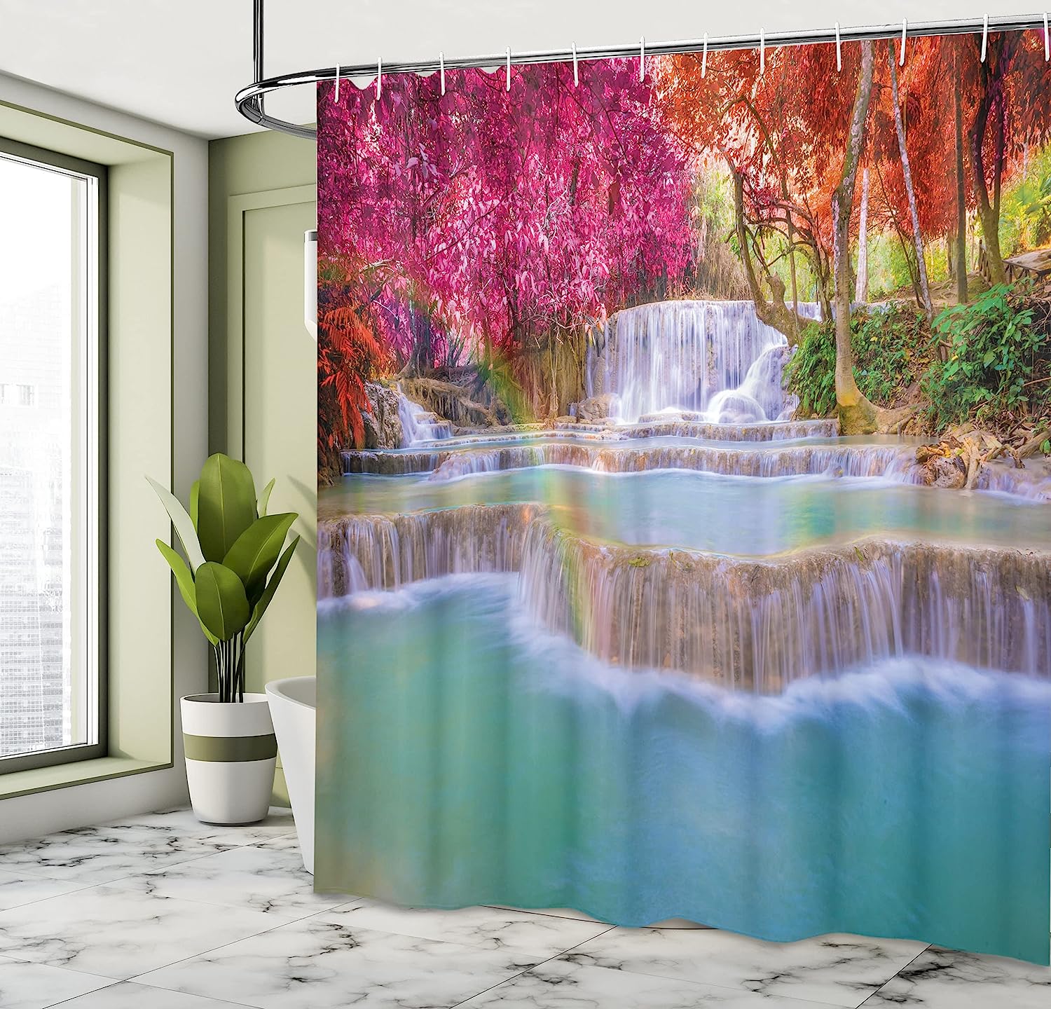 Waterfall Shower Curtain, Rainforest In Vietnam With Orange Trees Print, Cloth Fabric Bathroom Decor, Blue - Image 4
