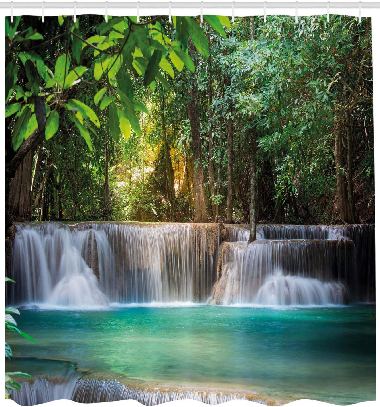 Waterfall Shower Curtain, Thailand Landscape With Trees Print, Cloth Fabric Bathroom Decor, Blue And Green - Image 2