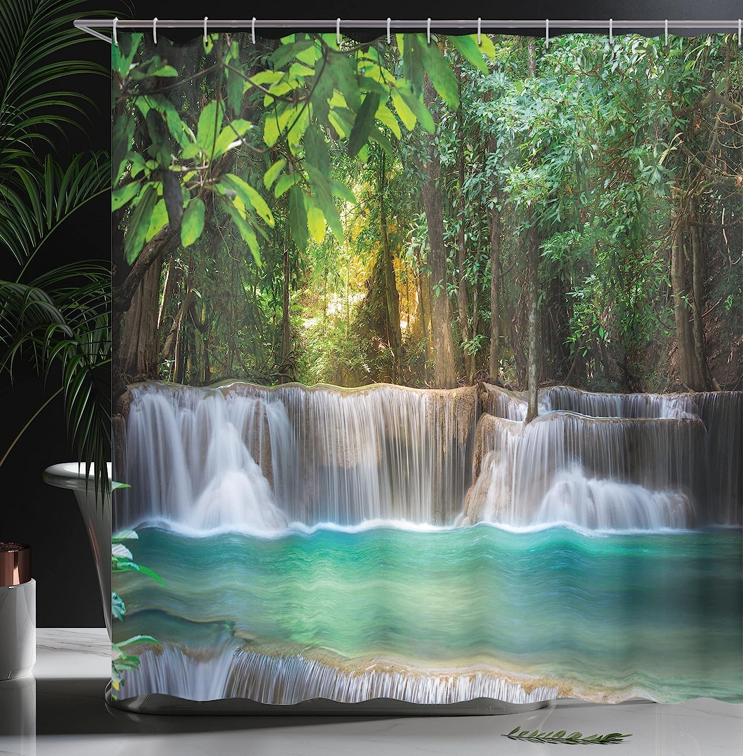 Waterfall Shower Curtain, Thailand Landscape With Trees Print, Cloth Fabric Bathroom Decor, Blue And Green - Image 3
