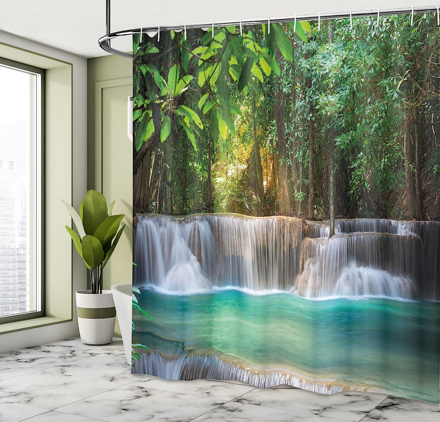 Waterfall Shower Curtain, Thailand Landscape With Trees Print, Cloth Fabric Bathroom Decor, Blue And Green - Image 4