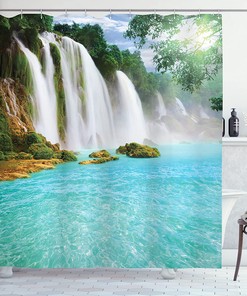 Waterfall Shower Curtain, Tropical Ban Gioc-Detian Cascade Print, Cloth Fabric Bathroom Decor, Turquoise And White