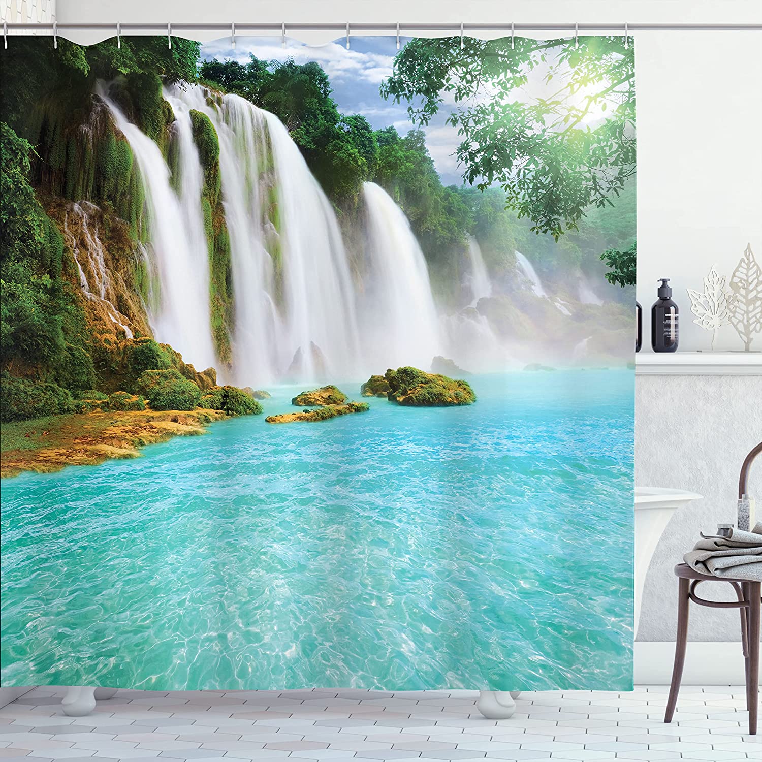 Waterfall Shower Curtain, Tropical Ban Gioc-Detian Cascade Print, Cloth Fabric Bathroom Decor, Turquoise And White