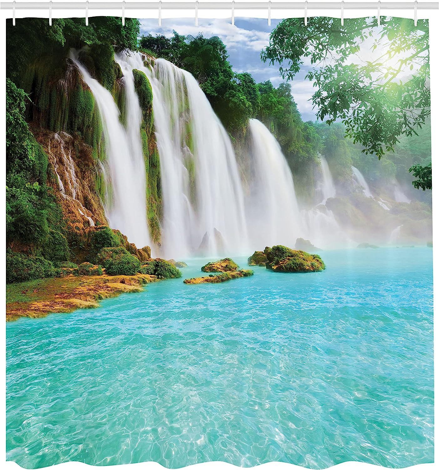 Waterfall Shower Curtain, Tropical Ban Gioc-Detian Cascade Print, Cloth Fabric Bathroom Decor, Turquoise And White - Image 2
